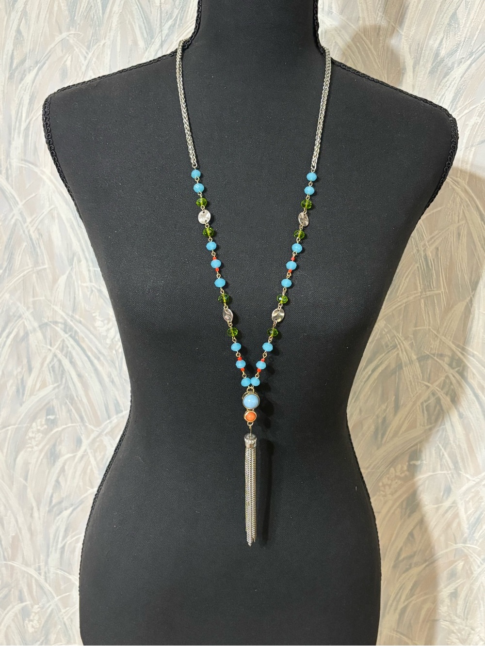 LOFT Gold & Silver-Tone Blue & Green Beaded Tassel Necklace 32”